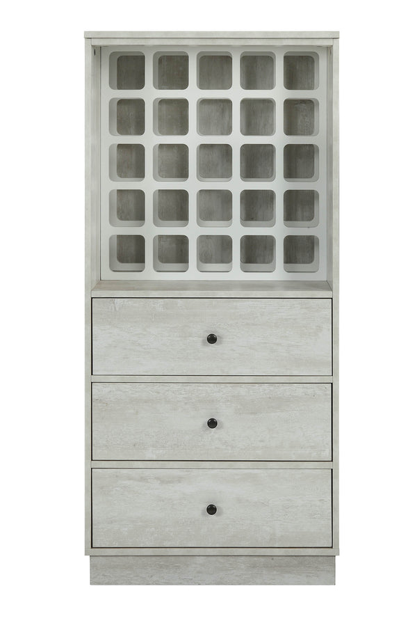 English Elm Wiesta Antique White Wine Cabinet with 25-Bottle Rack, 3 Drawers, Full Finish, Freestanding Storage B2726P272974