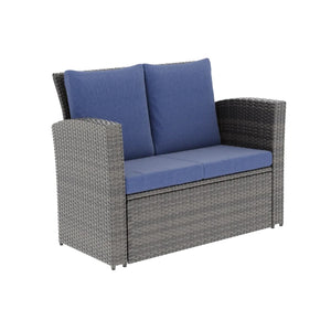 English Elm 4-piece Outdoor Wicker Conversation Set with Tempered Glass Table and Resort Style Blue+Brown B082S00057