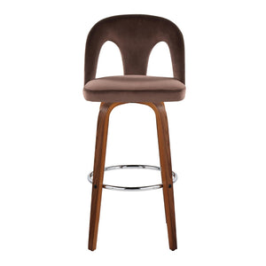 English Elm Fixed-height Swivel Barstools Velvet Seat Walnut Legs Chrome Footrest Set 2 B202S01888