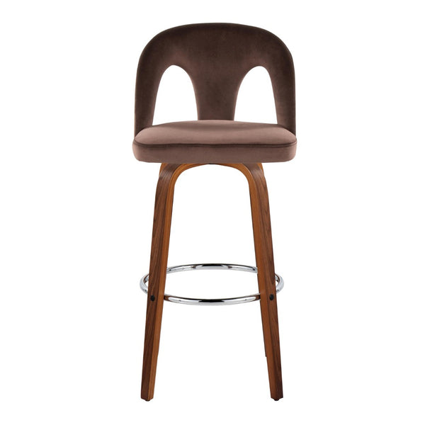 English Elm Fixed-height Swivel Barstools Velvet Seat Walnut Legs Chrome Footrest Set 2 B202S01888
