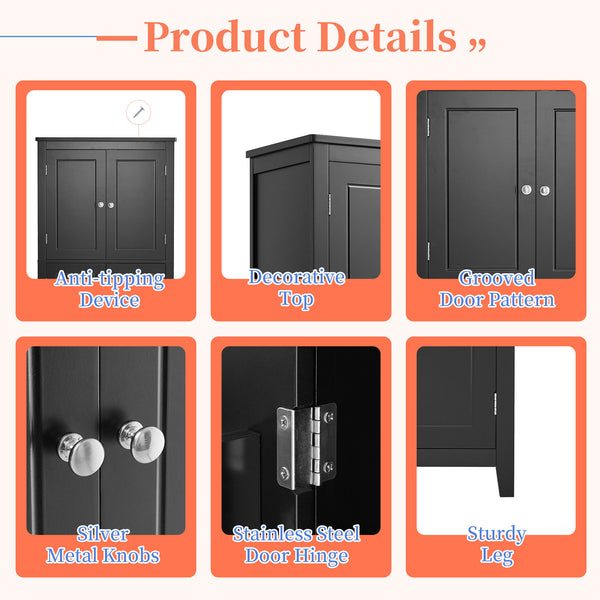English Elm Elegant Bathroom Floor Storage Cabinet with 4 Doors, Adjustable Shelves, Anti-Tip Design, 28"L x 15"W Black N725P188461B