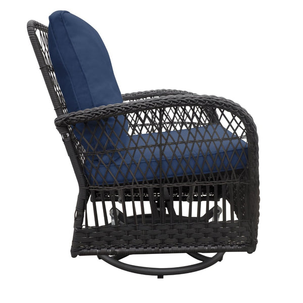 English Elm 3 Piece Outdoor Wicker Swivel Rocker Bistro Set with Tempered Glass Top Side Table Navy Blue W2749P185909