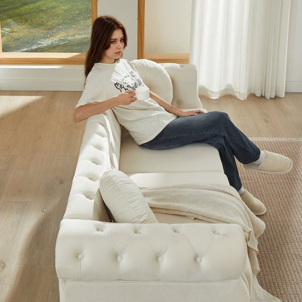 English Elm Velvet Chesterfield Tufted Sofa with Copper Stud Trim and Gold Legs for Glam Living Beige W834S00629
