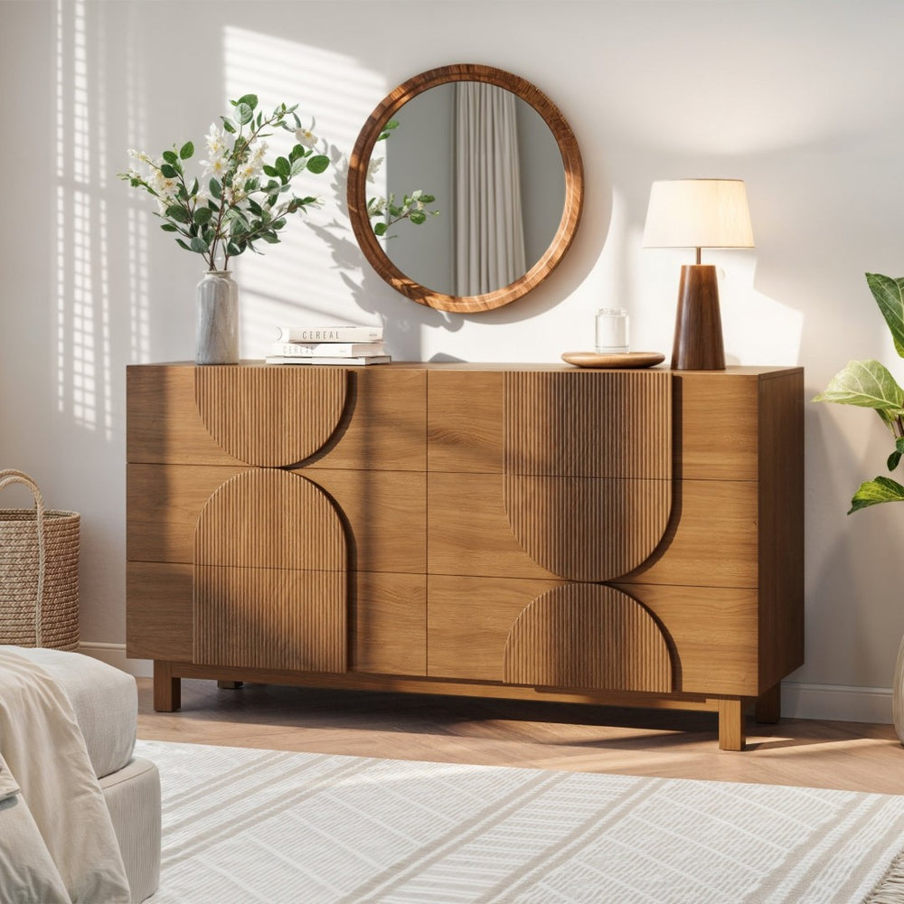 English Elm Modern Fluted 6 Drawer Dresser with Solid Wood Legs Japandi Chest for Bedroom Brown N739S0000013N
