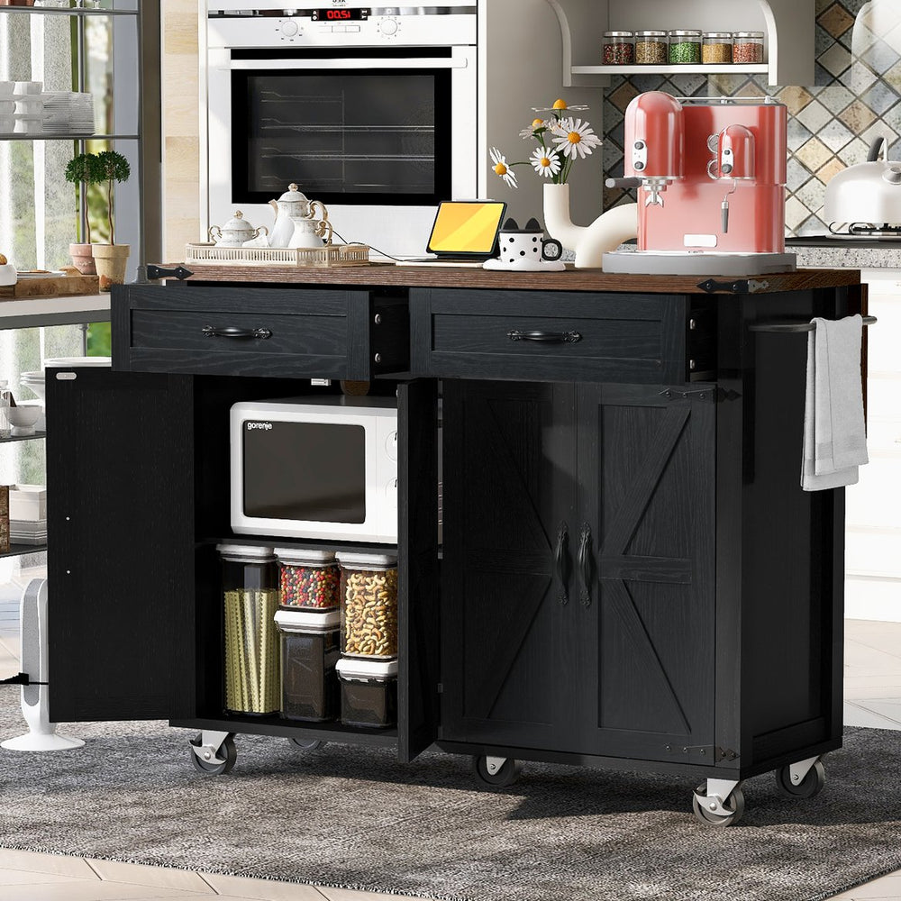 English Elm K&K Farmhouse Kitchen Island Cart 53.5" with Drop Leaf, Built-In Power Station, Ample Storage & Wheels Black N707P170348B