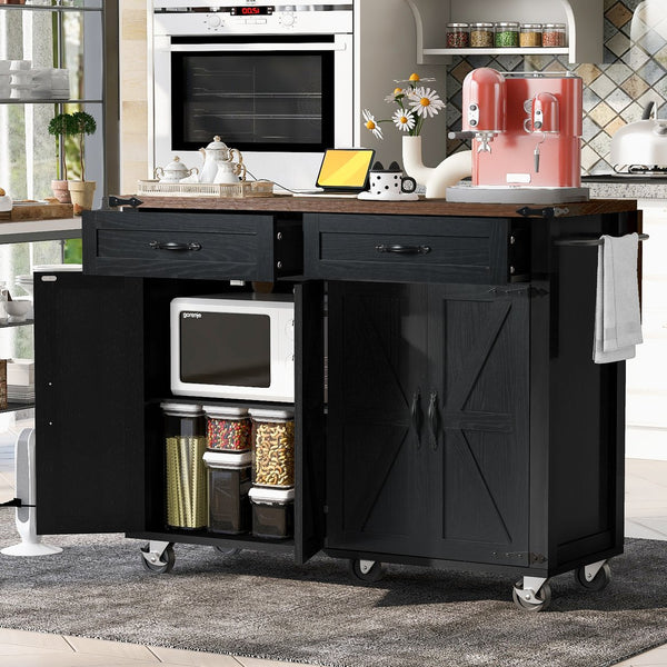 English Elm K&K Farmhouse Kitchen Island Cart 53.5" with Drop Leaf, Built-In Power Station, Ample Storage & Wheels Black N707P170348B