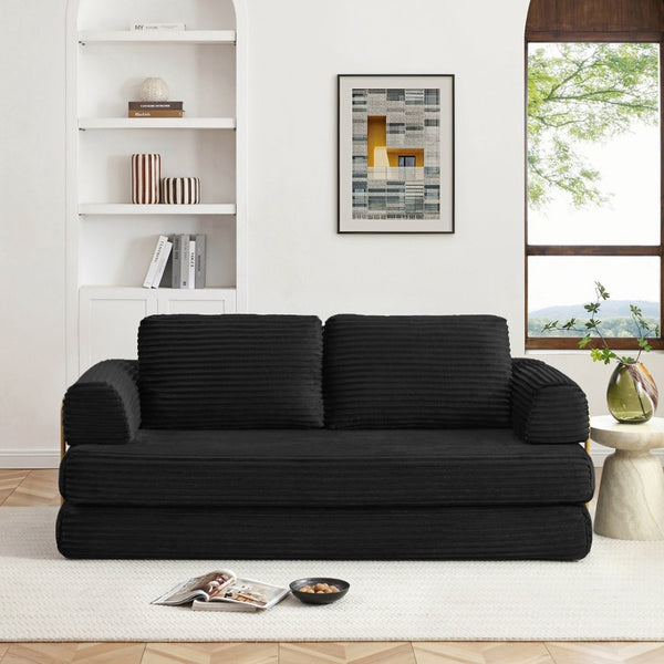 English Elm Convertible Floor Sofa Futon with Corduroy Upholstery for Living Room Lounging and Sleeping Black W1117P434730