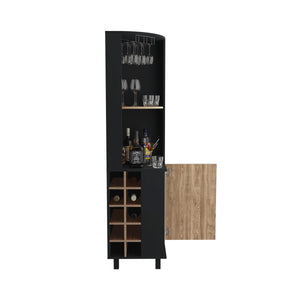 English Elm Kaia 70" Tall Corner Bar Cabinet with 4 Shelves, 10 Wine Cubbies & Stemware Storage in Black Pine B070S00307