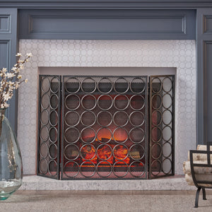 English Elm Christopher Knight Home® - FIRE Three-Panel Iron Firescreen Black Silver — Foldable Mesh Spark Guard with Chic Circular Pattern, 30" H 65179.00BLKSILV