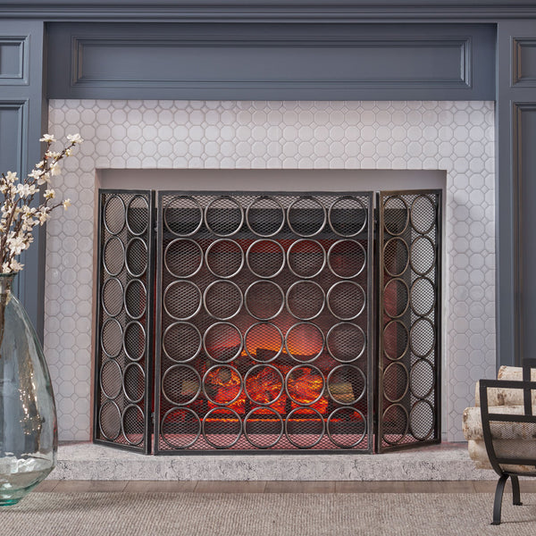 English Elm Christopher Knight Home® - FIRE Three-Panel Iron Firescreen Black Silver — Foldable Mesh Spark Guard with Chic Circular Pattern, 30" H 65179.00BLKSILV