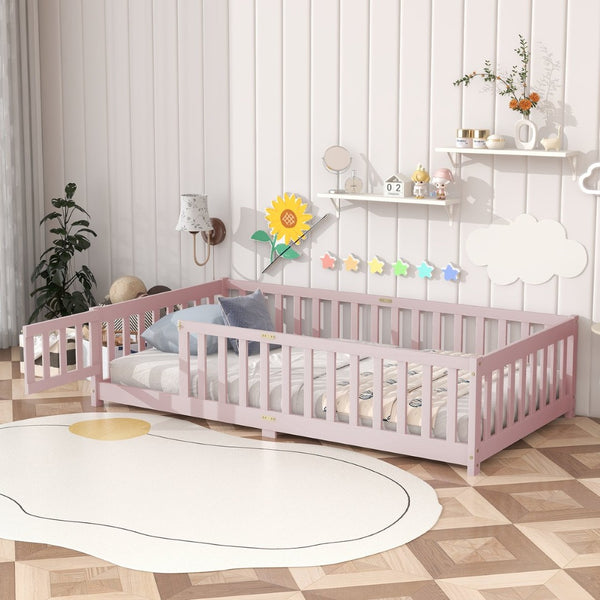 English Elm Twin Low Profile Rubberwood Floor Bed with Full Safety Fence for Toddler Rooms Pink W504P429281