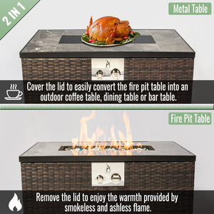 English Elm 32" Propane Fire Pit Table 50000 BTU Rectangular Ceramic Tile Top Wicker Base Pulse Ignition Outdoor W85335465
