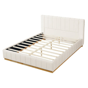 English Elm Modern, Quilted Upholstered Queen Bed Rubberwood Frame Beige Fabric Striped Headboard N769Q360699A