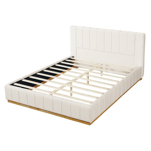 English Elm Modern, Quilted Upholstered Queen Bed Rubberwood Frame Beige Fabric Striped Headboard N769Q360699A