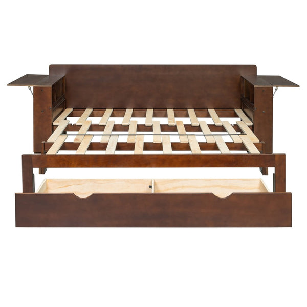 English Elm Queen Daybed with Hydraulic Desk Storage Drawers and Convertible Sofa for Small Spaces Espresso LT000272AAP