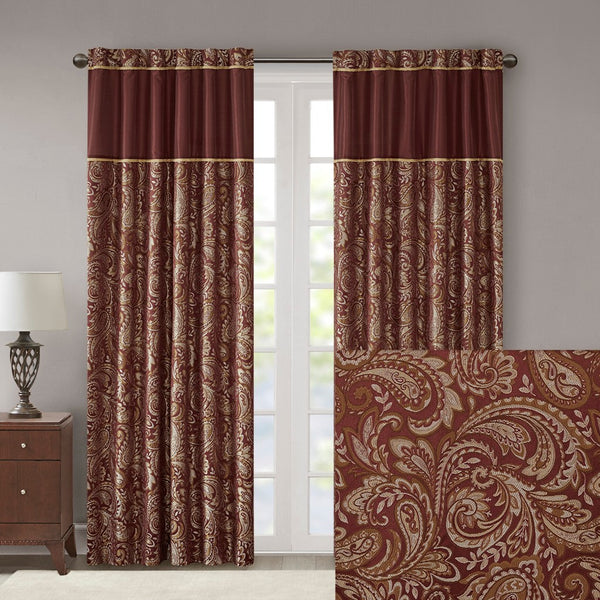 English Elm Jacquard Curtain Panel Pair - Luxurious Paisley Weave In Rich Burnt Red & Gold For Elegant Spaces B03598086