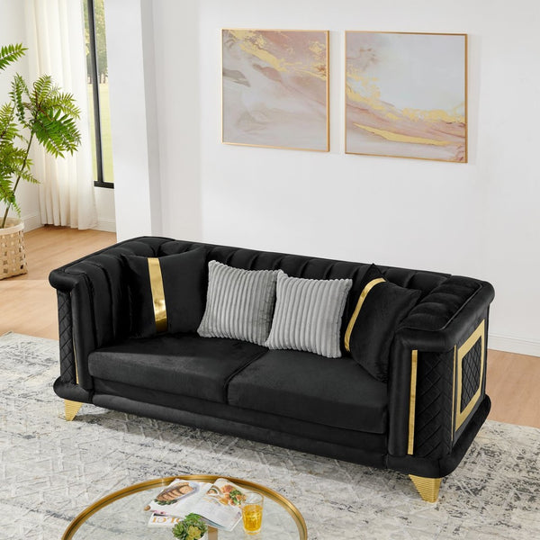 English Elm 89 Inch Italian Velvet Tufted Sofa Gold Steel Trim Victorian Glam Living Room Couch W1191S00051
