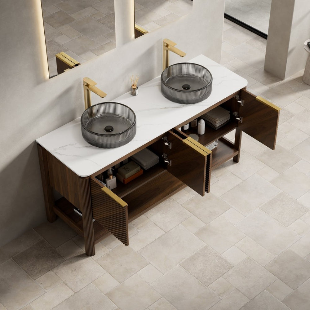 English Elm Dina 60 Inch Floating Bathroom Vanity Sintered Stone Top Dual Glass Basins Wood Grain W2615S00732