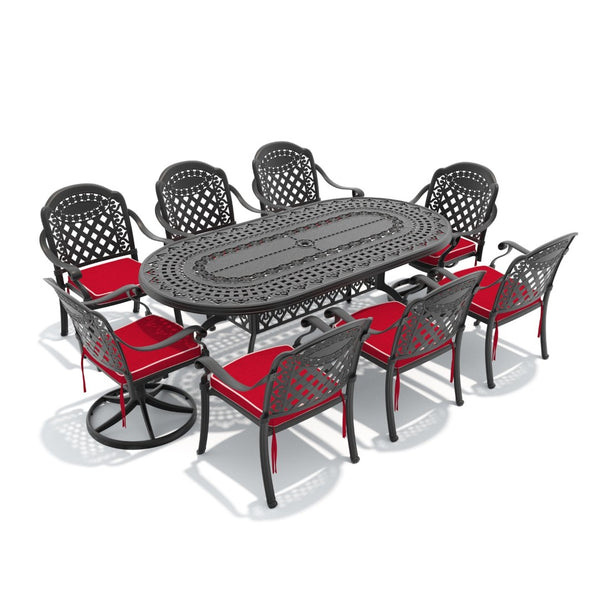 English Elm 9-piece Outdoor Cast Aluminum Dining Set with Oval Table and Swivel Chairs Included W1710S00383