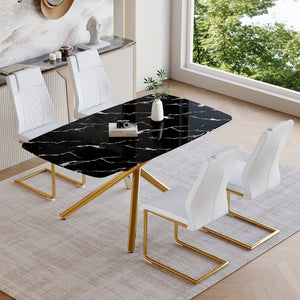 English Elm Table and Chair Set Marble Tempered Glass Top Gold Sculptural Legs Four Pu Seats Black+Gold,White W1151S03294