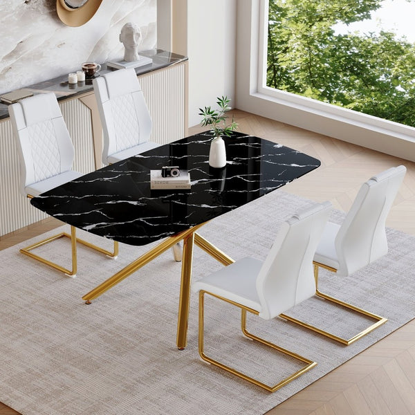 English Elm Table and Chair Set Marble Tempered Glass Top Gold Sculptural Legs Four Pu Seats Black+Gold,White W1151S03294
