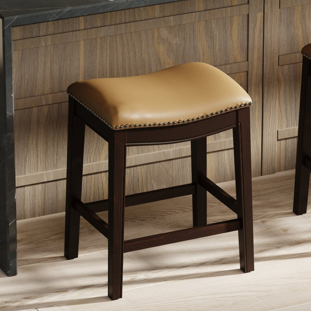 English Elm 26in. Counter Height Hardwood Barstool Nailhead Faux Leather Seat Kitchen Dining Tan B2751P436414