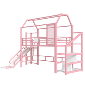 English Elm Twin House Loft Bed with Slide and Stairs, Metal Playhouse with Storage Shelves and Quiet Design Pink W1580S00349