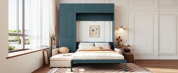 English Elm Queen Murphy Bed with L-shaped Velvet Sofa Storage Cabinets for Studio Living Green LP000765AAA-1