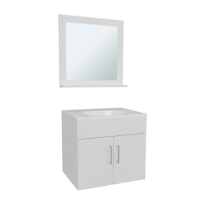 English Elm Bathroom Vanity Sink & Mirror Set White — Engineered Wood, Compact 2-Door Cabinet, Open Shelf Storage B097P369439
