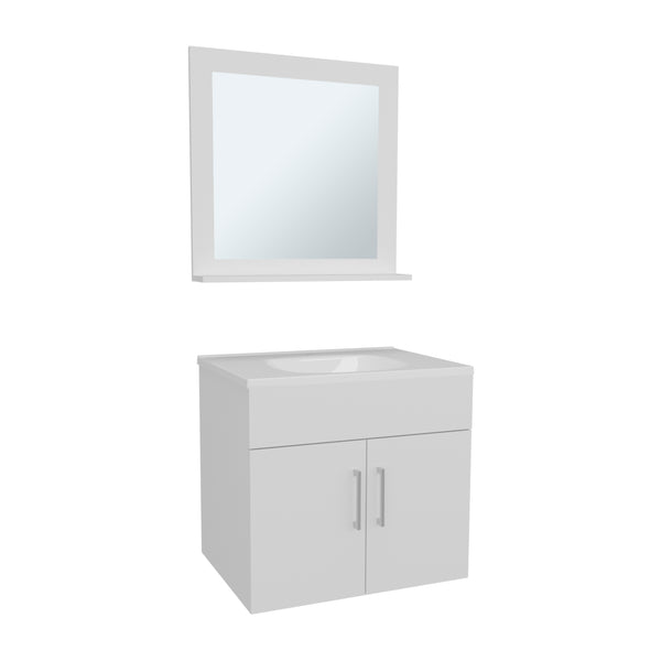 English Elm Bathroom Vanity Sink & Mirror Set White — Engineered Wood, Compact 2-Door Cabinet, Open Shelf Storage B097P369439