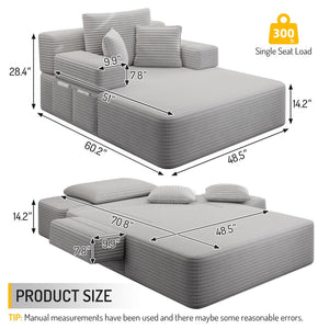 English Elm Luxurious Corduroy Convertible Chaise Lounge Sofa Bed with Foam Support for Apartments Light Grey W3219P449013