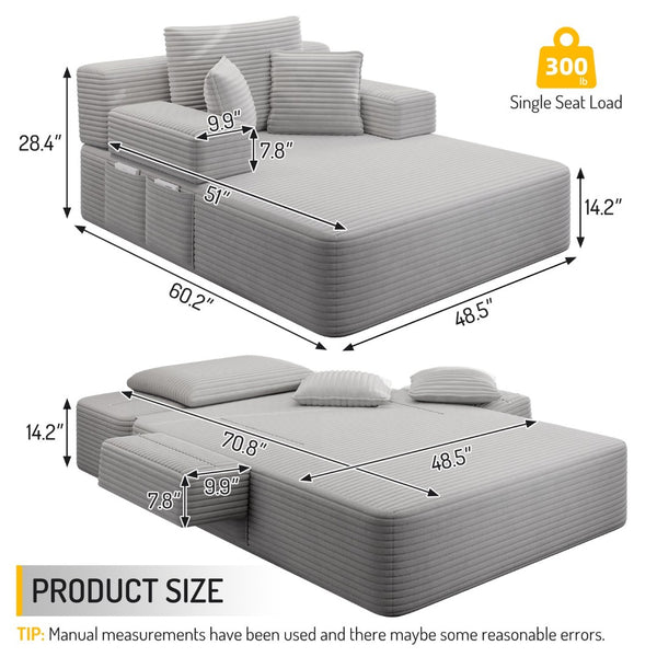 English Elm Luxurious Corduroy Convertible Chaise Lounge Sofa Bed with Foam Support for Apartments Light Grey W3219P449013