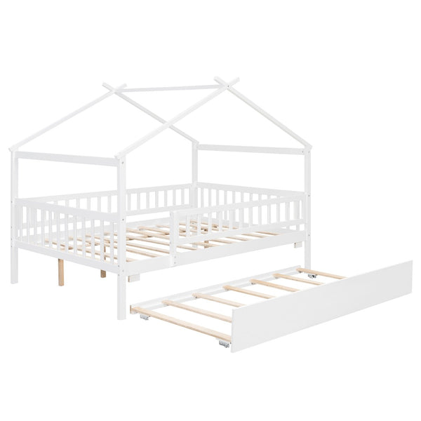English Elm Full Size Pine House Bed with Roofline Frame and Roll Out Twin Trundle for Kids LP100306AAK