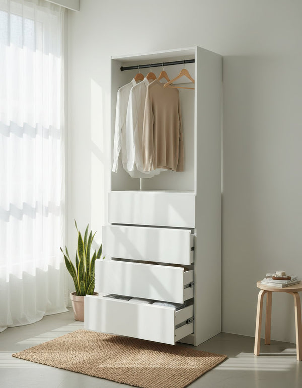 English Elm Prosper 32" White Wood Walk-In Closet — Freestanding Oak Finish, Durable Melamine, Two Rods & Ample Storage B040S00144