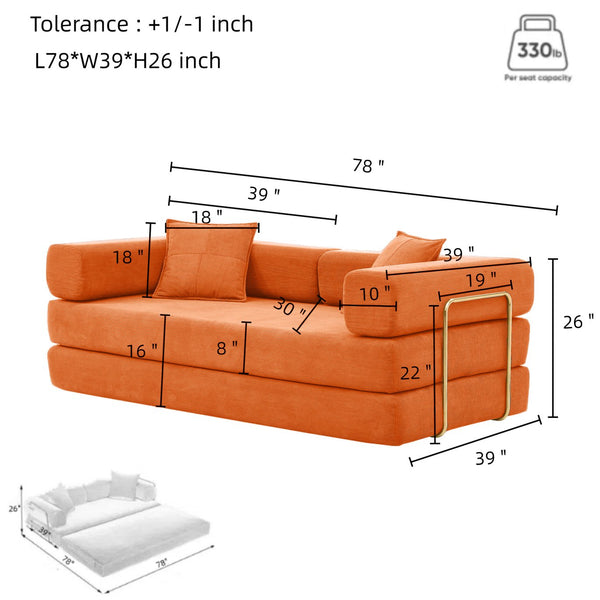 English Elm Modern Corduroy Sofa Bed Convertible Floor Couch with Removable Backrest, Modular King-Size Comfort, Orange W1117P323557