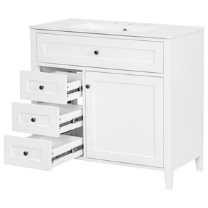 English Elm 36-Inch White Bathroom Vanity With Sink, Modern Mdf & Rubberwood, 3 Drawers & Adjustable Shelf Storage N725P350821K
