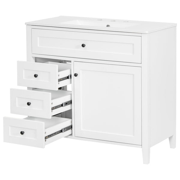 English Elm 36-Inch White Bathroom Vanity With Sink, Modern Mdf & Rubberwood, 3 Drawers & Adjustable Shelf Storage N725P350821K