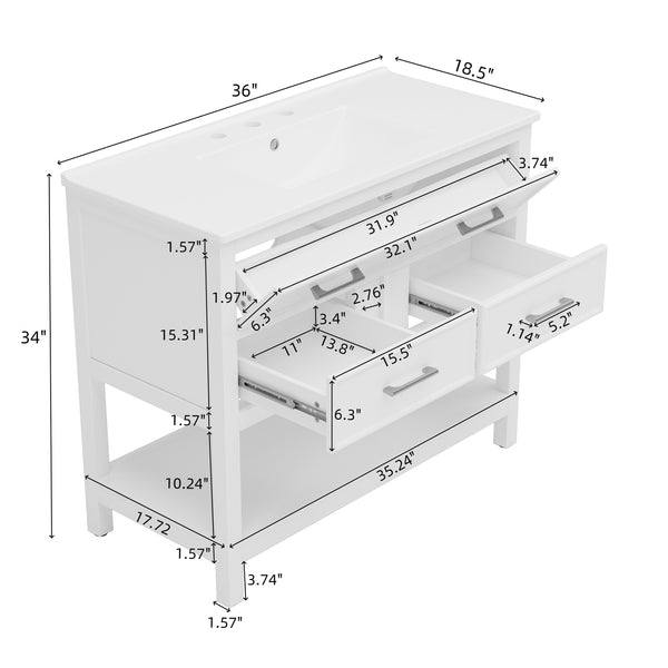 English Elm Christopher Knight Home® - 36" Modern Bathroom Vanity with Ceramic Sink, Tip-Out Tray, Soft-Close Drawers, Open Shelf, Waterproof Surface White N817P288908W
