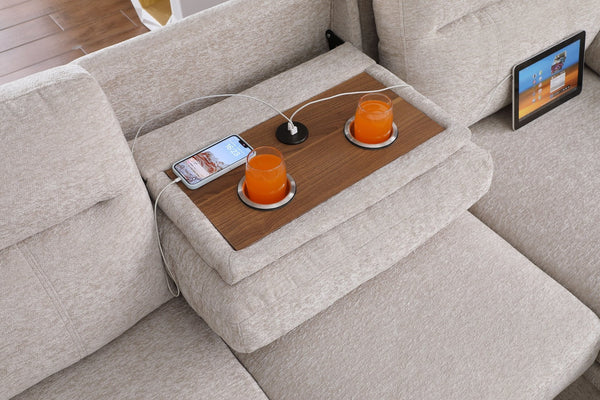 English Elm Kipling Chenille Sleeper Sectional with Storage Chaise and Built-in Usb Charging Beige B061S00833