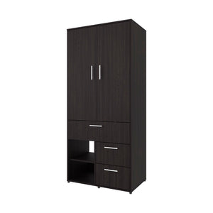 English Elm Upland Black Wood Armoire with Hanging Rod Drawers and Open Compartments B092S00279