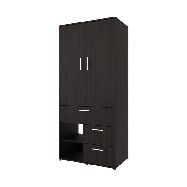 English Elm Upland Black Wood Armoire with Hanging Rod Drawers and Open Compartments B092S00279