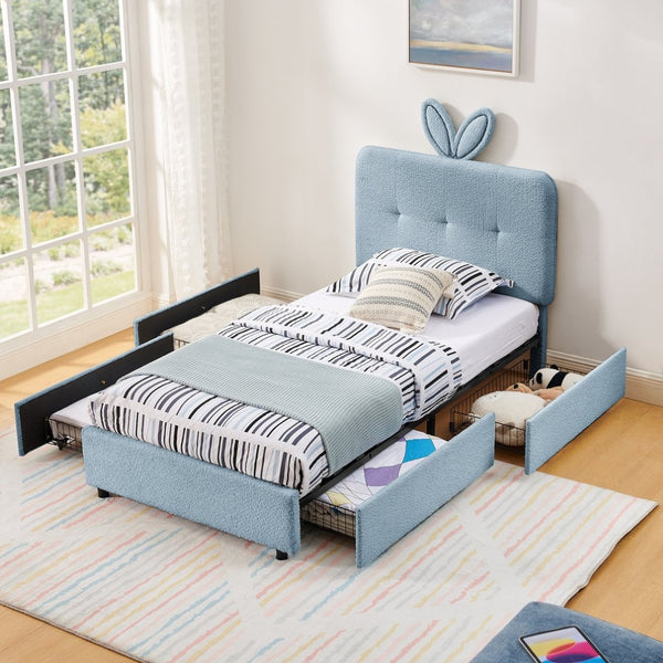 English Elm Twin Kids Boucle Upholstered Bed Rabbit Ear Headboard Led Lighting Four Storage Drawers Navy W1413P384922
