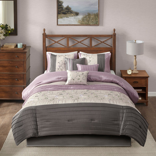 English Elm Embroidered 7-Piece Comforter Set In Soft Purple & Grey For California King - Luxurious Floral Design B03596943