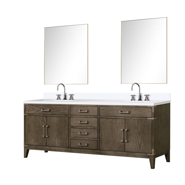 English Elm Grey Oak Double Bath Vanity Set With White Quartz Top, Faucets, And 36" Mirrors For Stylish Bathrooms B2731S01885