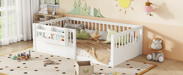 English Elm Twin Low Profile Kids Floor Bed Pine Wood Frame with Safety Rail and Built in Bookshelf White W1580P373134
