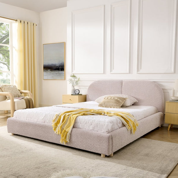 English Elm Queen Upholstered Bed with Tall Curved Headboard Soft Textured Fabric Modern Bedroom Pink W487S00484
