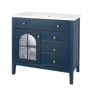 English Elm 35.6" Freestanding Bathroom Vanity with Roman Column Base and Ceramic Integrated Sink Blue W1801S00012