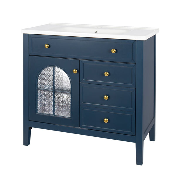 English Elm 35.6" Freestanding Bathroom Vanity with Roman Column Base and Ceramic Integrated Sink Blue W1801S00012