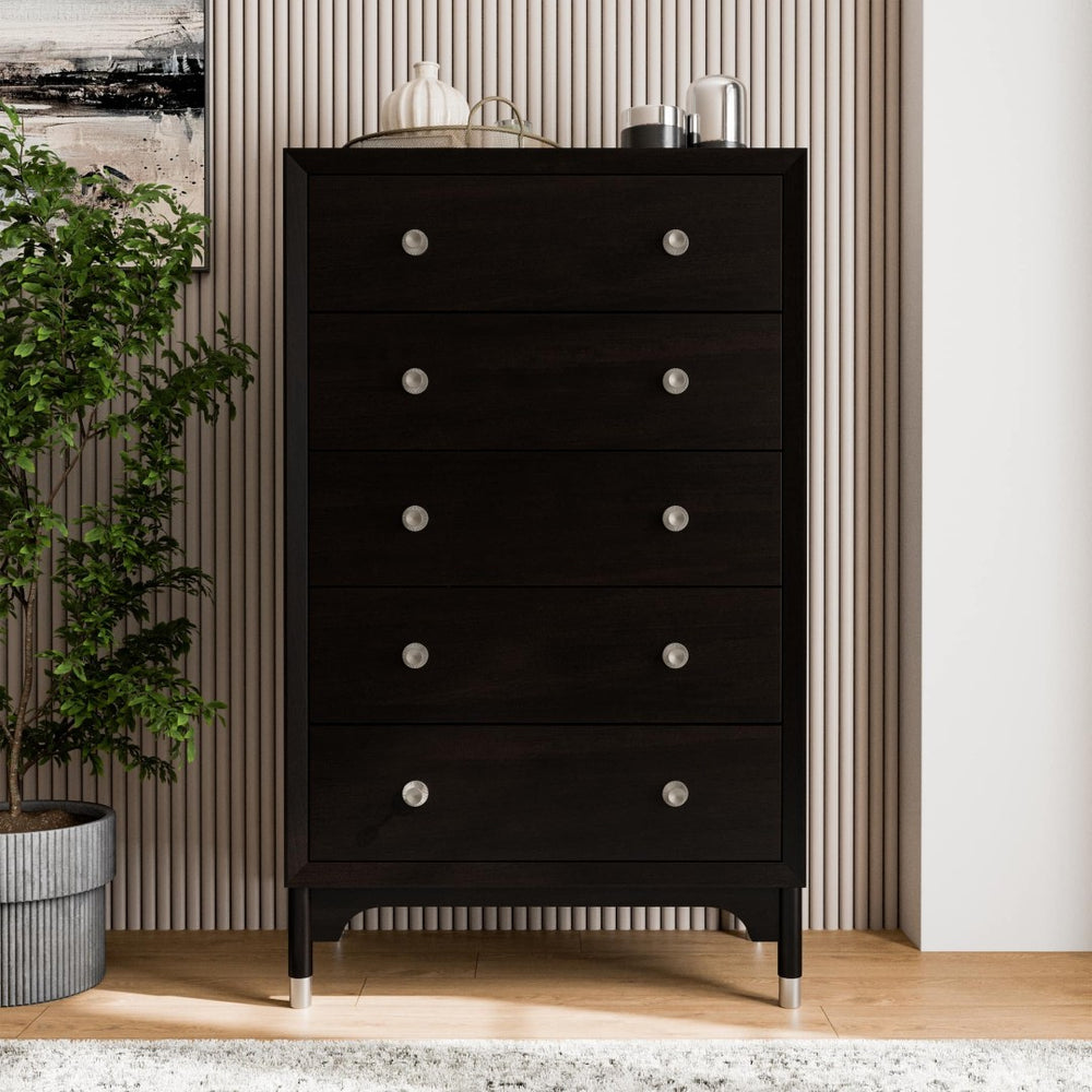 English Elm 1pc Mid-century Five-drawer Tall Chest Walnut Veneer Black Matte Finish Silver Legs B2741P446689