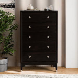 English Elm 1pc Mid-century Five-drawer Tall Chest Walnut Veneer Black Matte Finish Silver Legs B2741P446689